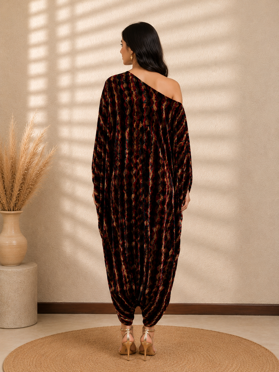 Ajrak Royale Velvet One-Shoulder Turkish Pant Jumpsuit with Draped Cape Silhouet - view 2
