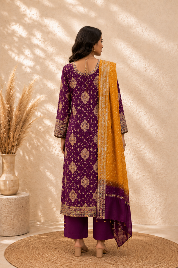 Woven Banarasi Plum Bandhani Kurta Palazzo Set with Chrome Yellow Silk Bandhani Dupatta