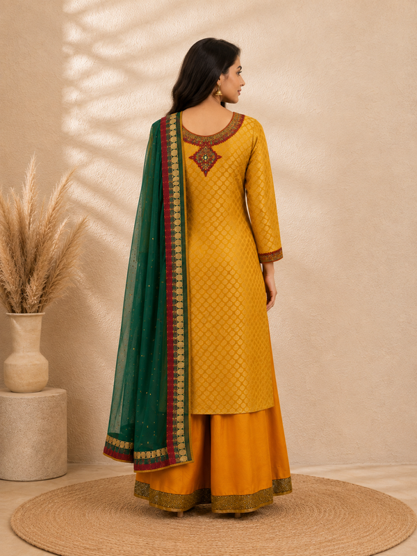 Zari Gulmohar Chrome Yellow Banarasi Silk Lehenga Set with Emerald Chiffon Dupatta & Zardozi Detailing
