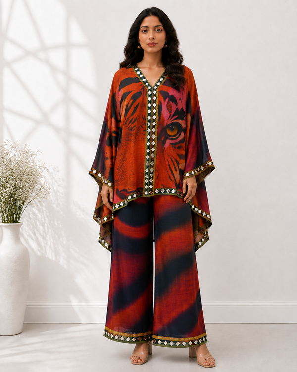 Tie-Dye Digital Print Poncho-Cut Co-ord Set with Mirror-Embroidered Edging