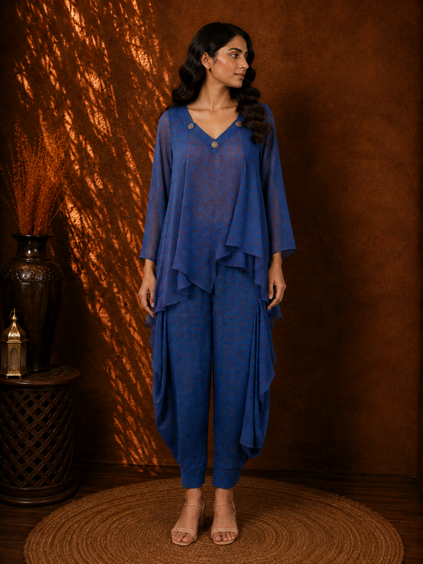 Teal Blue Jacquard Crepe Indo-Fusion Set with Asymmetrical Top & Turkish Pants