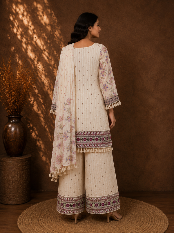 Gulnaar Swiss Cotton Voile Printed Short Kurti with Wide-Leg Palazzo Set