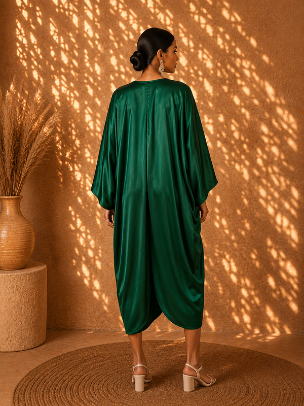 Emerald Élan Deep Green Pure Satin Drape Dress – Glamorous Semi-Formal Evening Wear