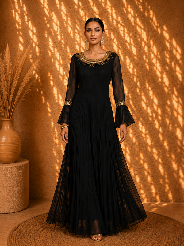 Zayra Noir Black Georgette Drape Gown with Arabic Tubework Embroidery
