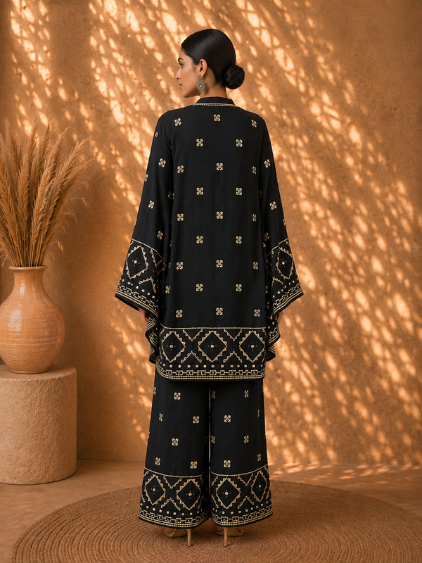 Noir Geometry Black Fluid Crepe 3-Piece Cape Wrap & High-Waisted Palazzo Set with Geometric Thread Embroidery
