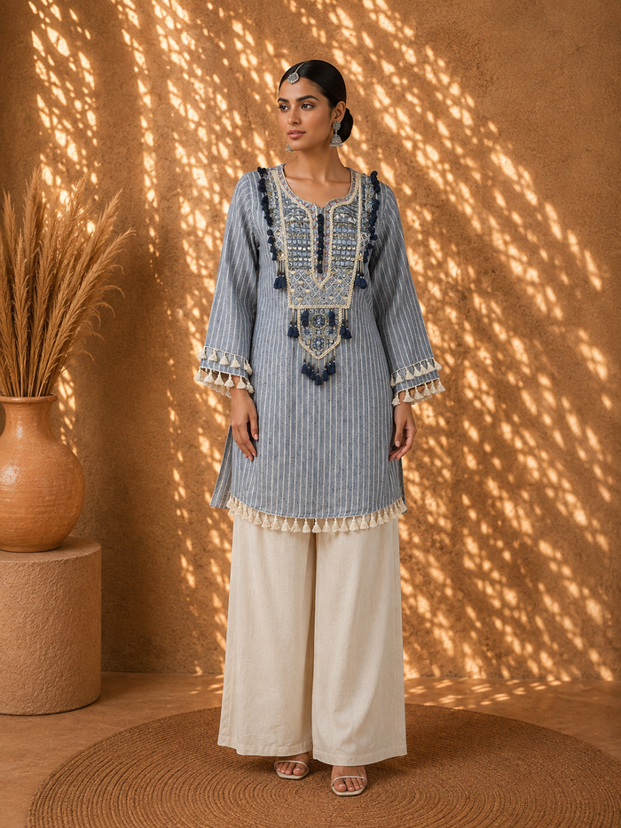 Jute Boheme Striped Linen Kurta with Bohemian Appliqué Embroidery & Linen Pants