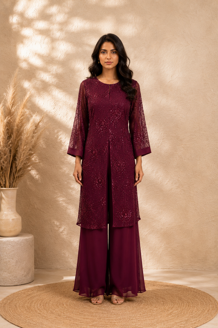 Vintara Royale Wine Pure Crepe Palazzo Set - view 1