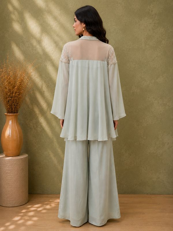 Nooré Silver Mist Metallic Pale Silver-Grey Crepe Silk Indo-Western Co-ord Set with Hand-Embroidered Lace Yoke