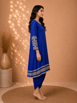 Neel Aari Royal Blue Dhoti Pant Set with Muted Gold Aari Work | Indo-Fusion Wear - view 4