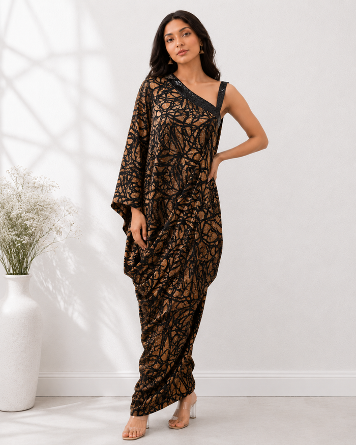Sauvage Luxe One-Shoulder Leopard Print Satin Indo-Western Drape Dress with Sequin Trimmings