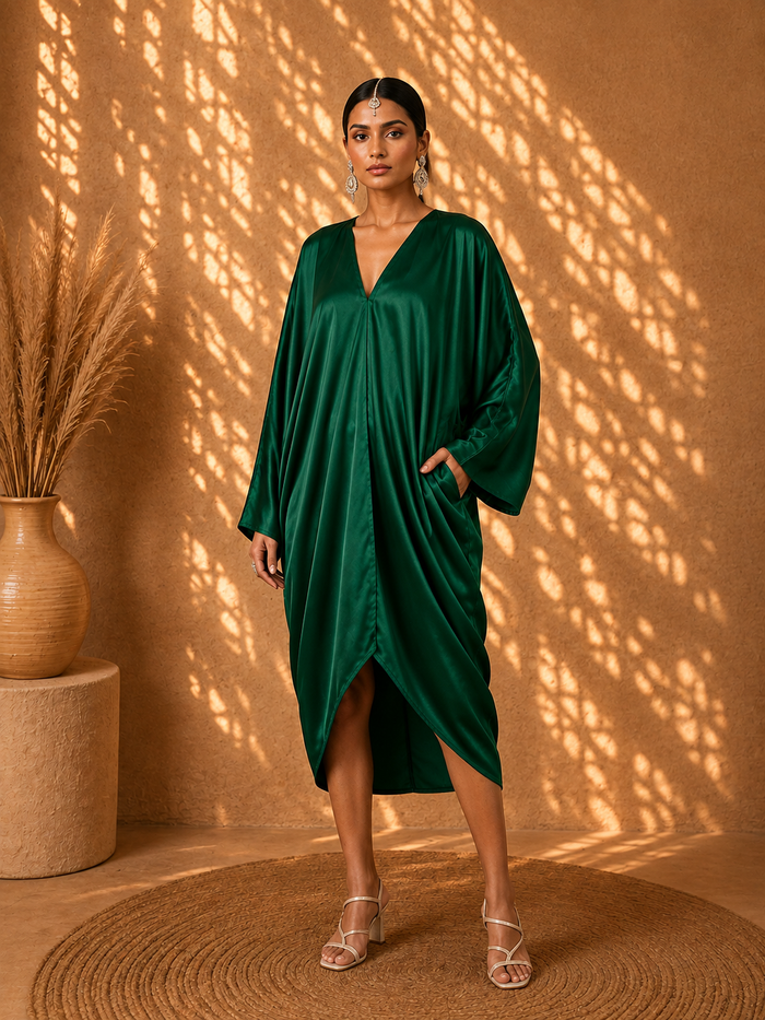 Emerald Élan Deep Green Pure Satin Drape Dress – Glamorous Semi-Formal Evening Wear