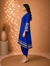 Neel Aari Royal Blue Dhoti Pant Set with Muted Gold Aari Work | Indo-Fusion Wear - view 3