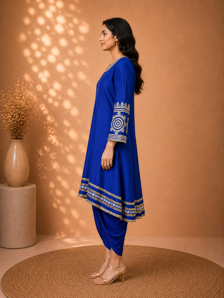 Neel Aari Royal Blue Dhoti Pant Set with Muted Gold Aari Work | Indo-Fusion Wear - view 3