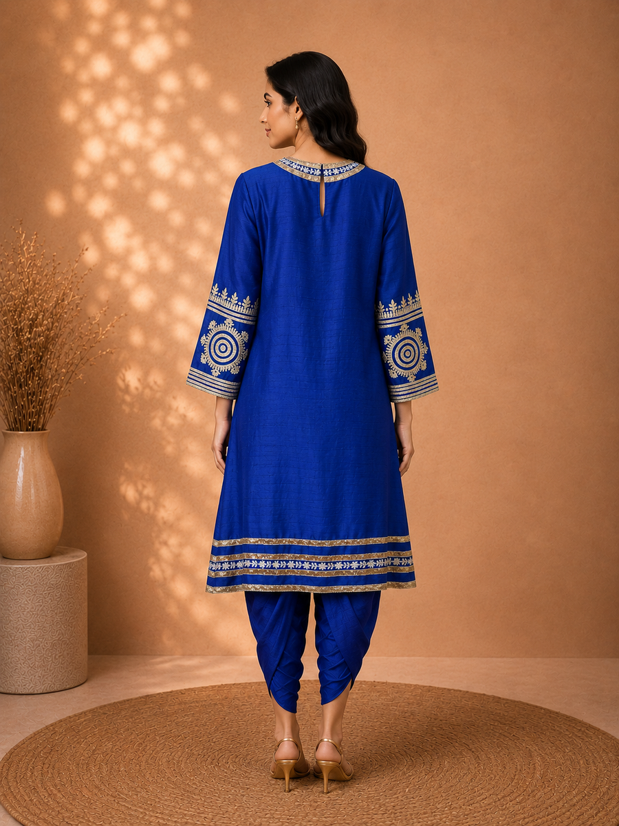 Neel Aari Royal Blue Dhoti Pant Set with Muted Gold Aari Work | Indo-Fusion Wear - view 2