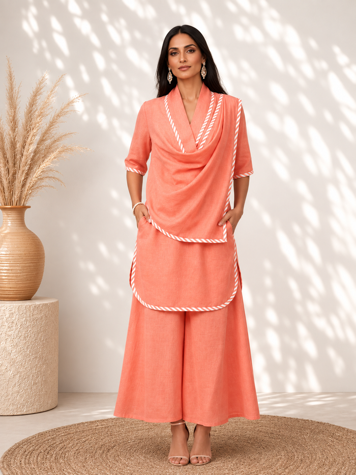 Coral Élan Vibrant Coral-Peach Linen Fusion Co-ord Set with Coral & White Striped Trimmings