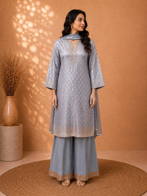 Noor Zari Silver-Grey Brocade Kurta Palazzo Set with Delicate Embroidery