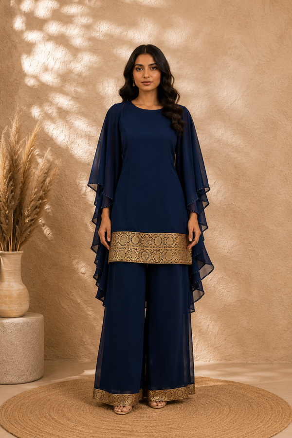 Navy Blue Georgette Indo-Fusion Palazzo Set with Brocade Borders & Voluminous Sleeves