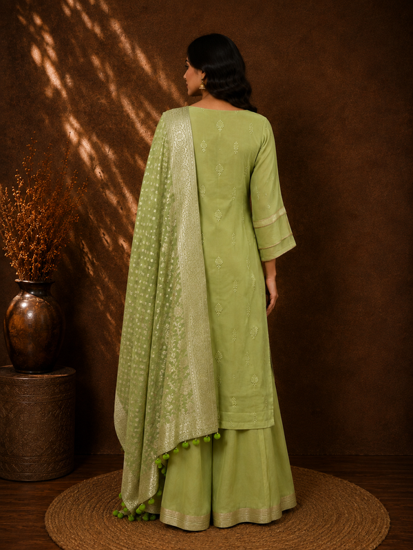 Embroidered Leaf Green Kurta Palazzo Set with Pure Woven Banarasi Dupatta
