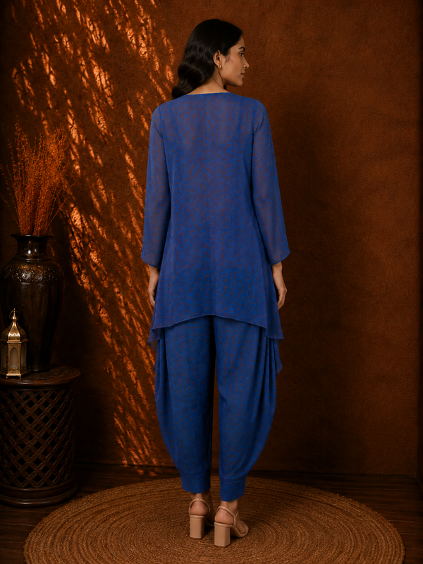 Teal Blue Jacquard Crepe Indo-Fusion Set with Asymmetrical Top & Turkish Pants