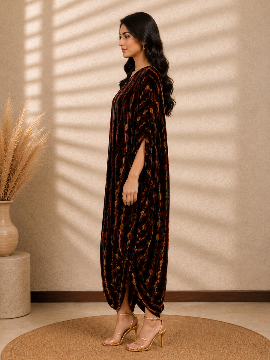 Ajrak Royale Velvet One-Shoulder Turkish Pant Jumpsuit with Draped Cape Silhouet - view 4