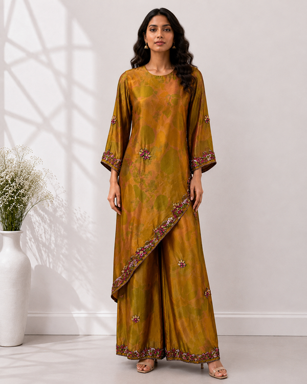 Tie-Dye Shimmer Tissue Asymmetrical City Palazzo Pant Set