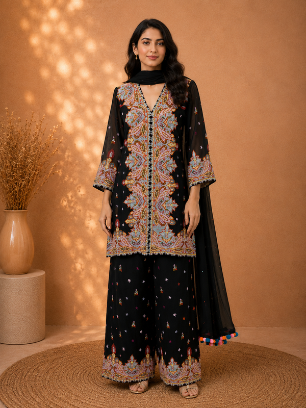 Noir Parsi Black Georgette Shirt-Kurta - view 1