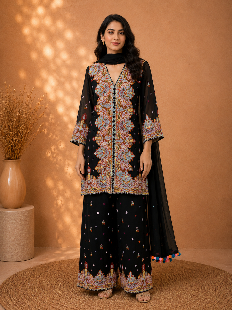 Noir Parsi Black Georgette Shirt-Kurta - view 1