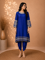 Neel Aari Royal Blue Dhoti Pant Set with Muted Gold Aari Work | Indo-Fusion Wear - view 1