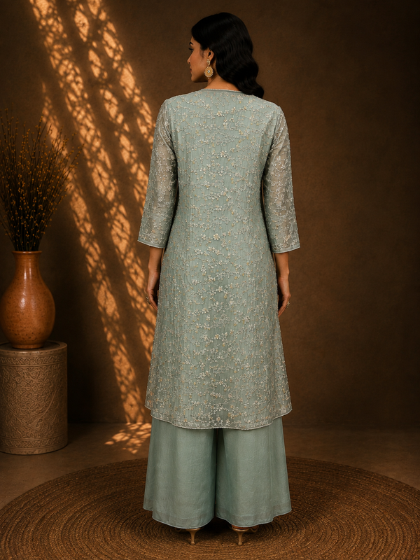 Mint Green 3-Piece Embroidered Jacket Set with Scalloped Camisole & Palazzos