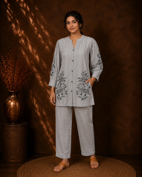 Silver Mist Silver-Grey Summer Co-ord Set with Delicate Embroidery