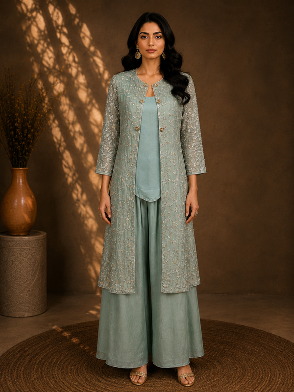 Mint Green 3-Piece Embroidered Jacket Set with Scalloped Camisole & Palazzos