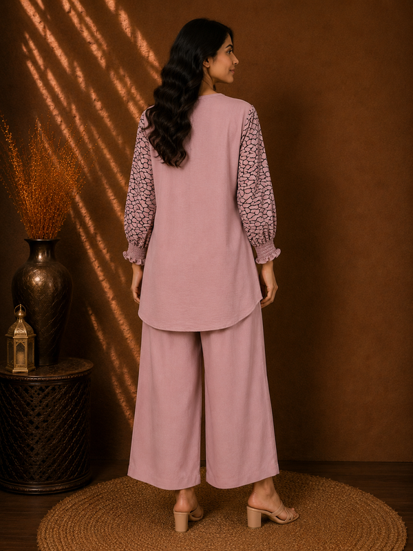 Rosé Élan English Rose Printed Stretch Lycra Co-ord Set with Smocked Sleeves