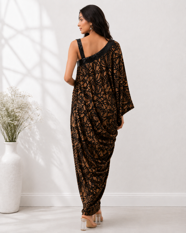 Sauvage Luxe One-Shoulder Leopard Print Satin Indo-Western Drape Dress with Sequin Trimmings
