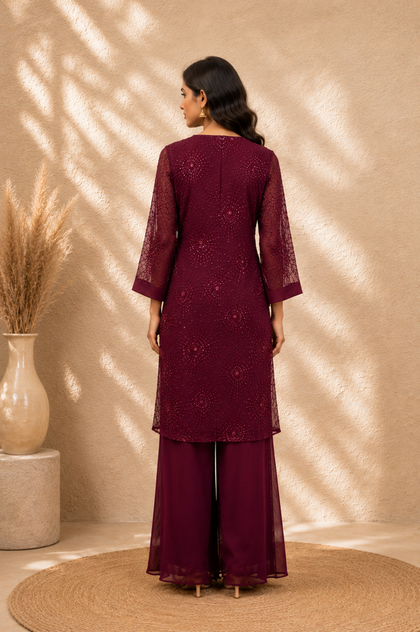 Vintara Royale Wine Pure Crepe Palazzo Set with Heavy Thread Embroidery