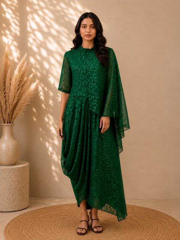 Emerald Brass Indo-Fusion Asymmetrical Drape Dress – Ankle Length