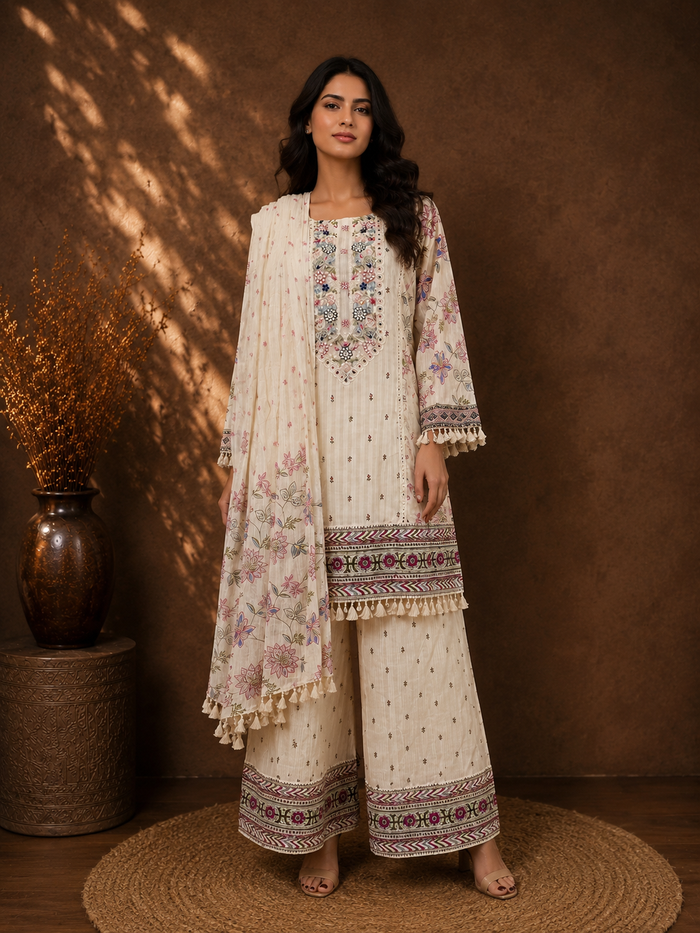 Gulnaar Swiss Cotton Voile Printed Short Kurti with Wide-Leg Palazzo Set