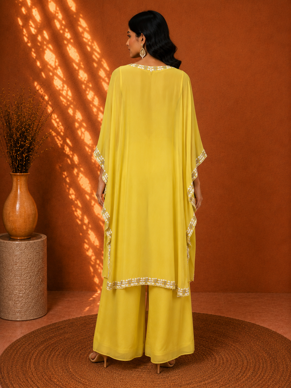 Lemon Yellow Georgette 3-Piece Jacket Palazzo Set with Cutwork Pearl Borders