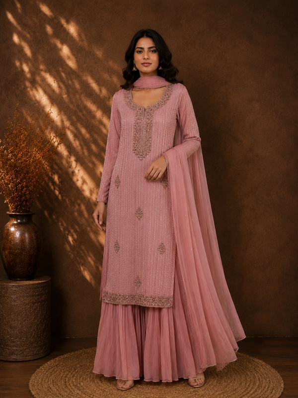 Onion Pink Sharara Set with Delicate Tube & Bead Hand Embroidery