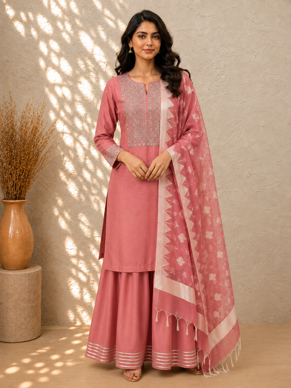 Onion Pink Muslin Palazzo Set - front