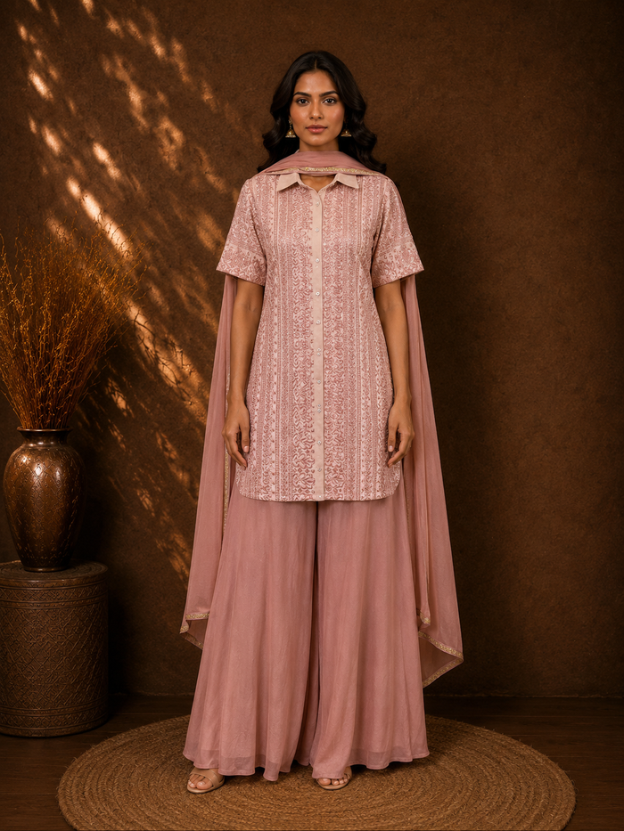 Dusty Rose Embroidered Shirt Kurta with Palazzo Pants