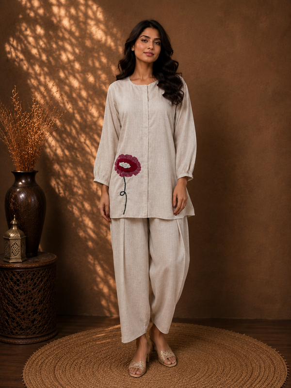 Ivory Fleur Linen Co-ord Set with Hand-Embroidered Floral Appliqué