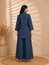 Medium-Wash Indigo Denim Shirt with Antique Rhinestone & Metal Chip Bib Panel - view 1