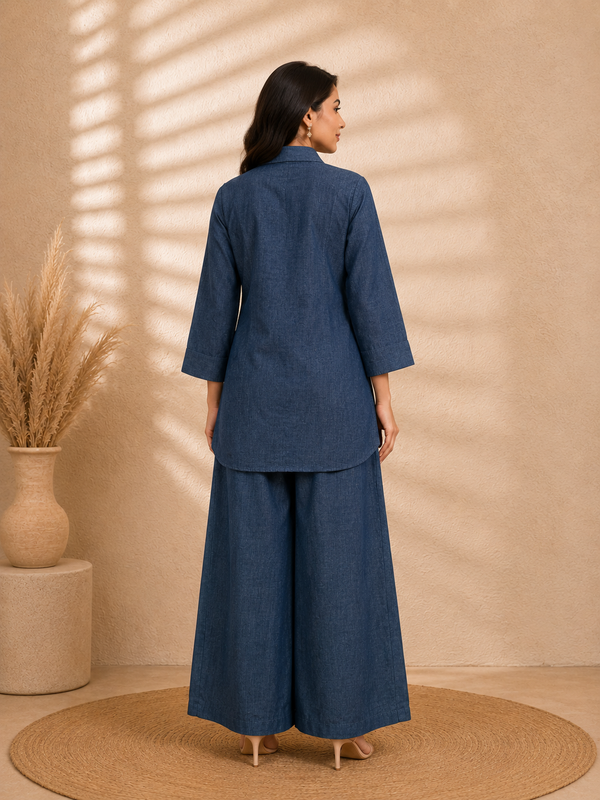 Medium-Wash Indigo Denim Shirt with Antique Rhinestone & Metal Chip Bib Panel - view 1