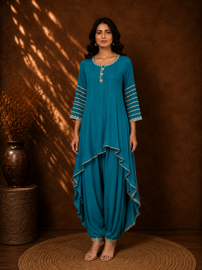 Deep Peacock Blue Asymmetrical Kurta with Gold Embroidered Borders & Turkish Pants