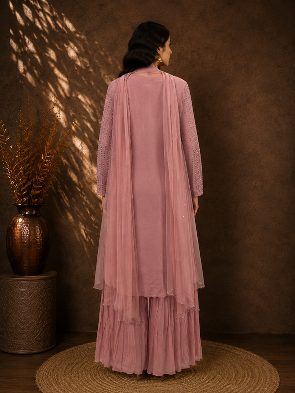 Onion Pink Sharara Set with Delicate Tube & Bead Hand Embroidery