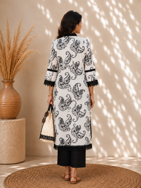 Noir Paisley Breeze Cotton Co-ord Set with Black Embroidery & Lace Detailing