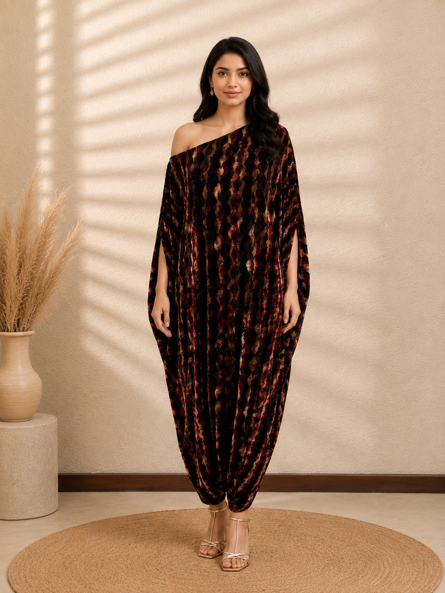 Ajrak Royale Velvet One-Shoulder Turkish Pant Jumpsuit with Draped Cape Silhouet - view 1