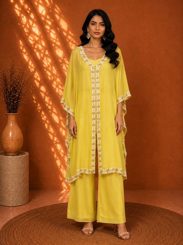 Lemon Yellow Georgette 3-Piece Jacket Palazzo Set with Cutwork Pearl Borders
