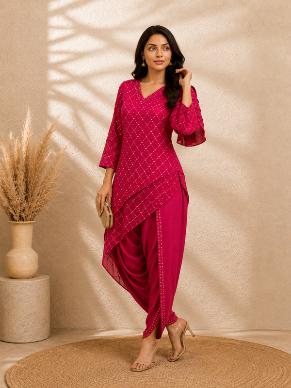 Fuchsia Mirror Embroidered Asymmetrical Kurta with Overlapping Dhoti Pants