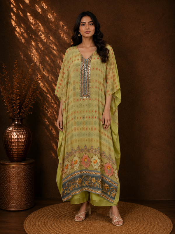 Digital Print Kaftan Pant Set in Crepe with Delicate Neck Embroidery